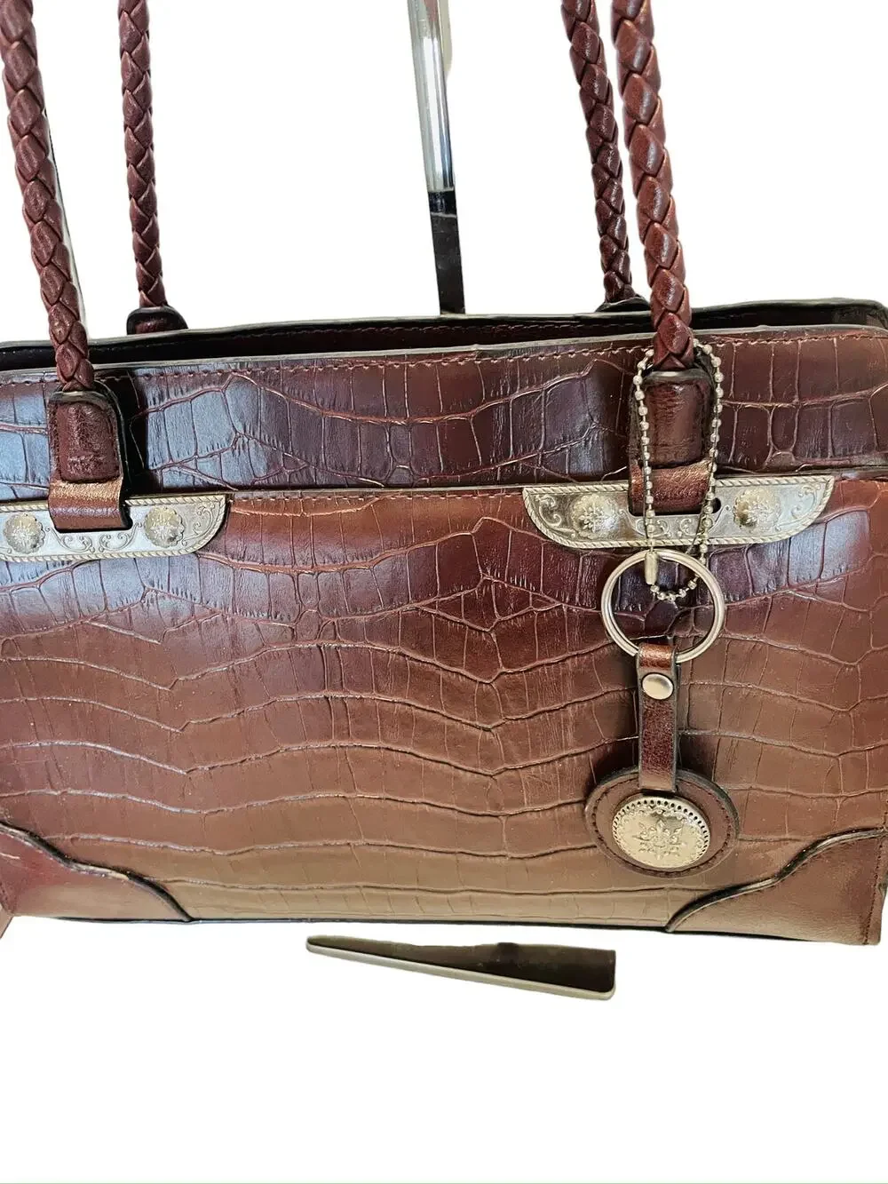 Bueno Faux Leather Medium Alligator Print Embossed Satchel Shoulder Brown